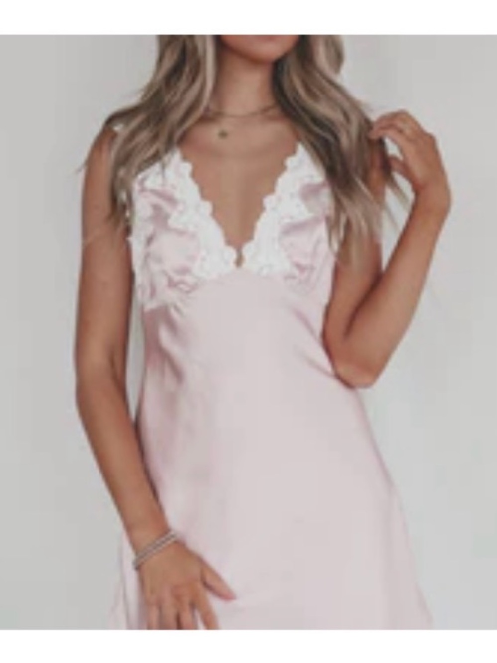 Amazing Lace Pink Satin Mini Slip Dress with Ivory Lace V-Neck